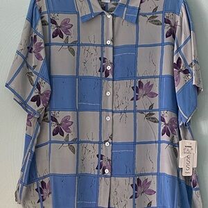Floral Blue and Gray Button-Up 100% silk button up size 3X blouse NWT